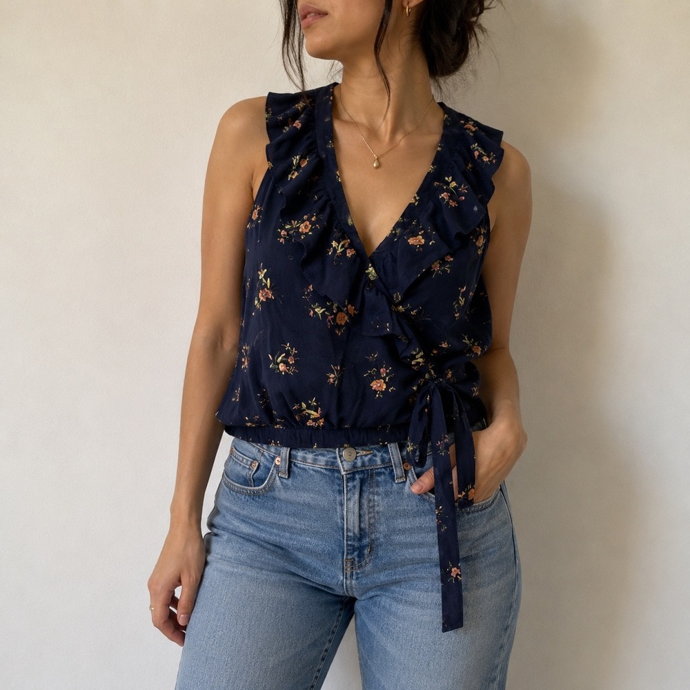 Likely Topaz Navy Floral Wrap Ruffle Sleeveless Top Size Medium Revolve